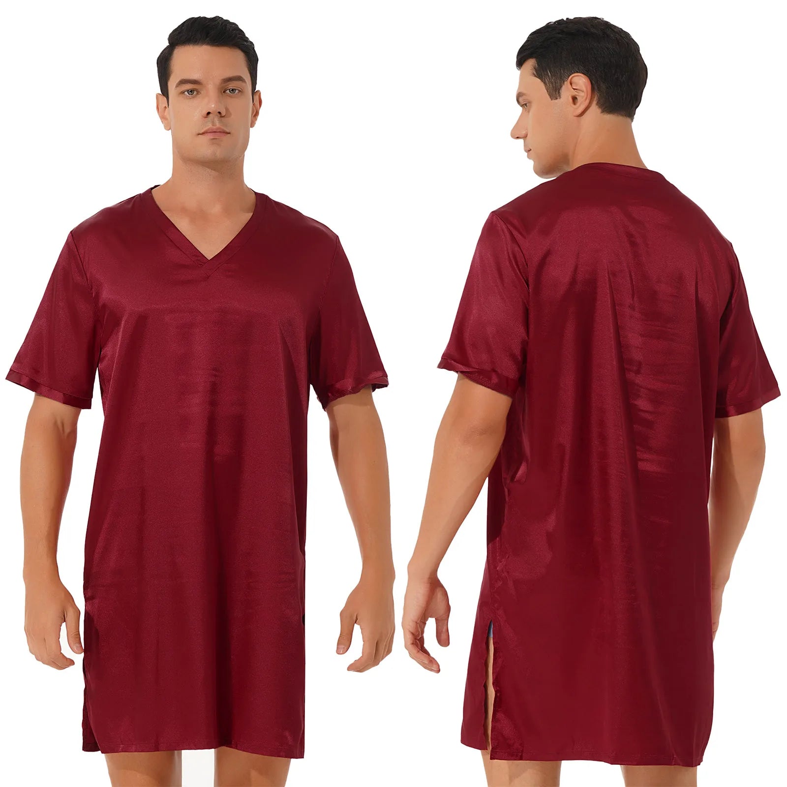 Mens Satin Sleepwear Tops Night Shirt Nightgown Pajamas Dress Short Sleeve Underwear Homewear Sides Split Sleep Tops Nightwear