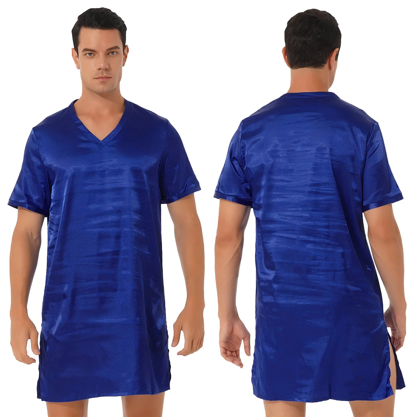 Mens Satin Sleepwear Tops Night Shirt Nightgown Pajamas Dress Short Sleeve Underwear Homewear Sides Split Sleep Tops Nightwear