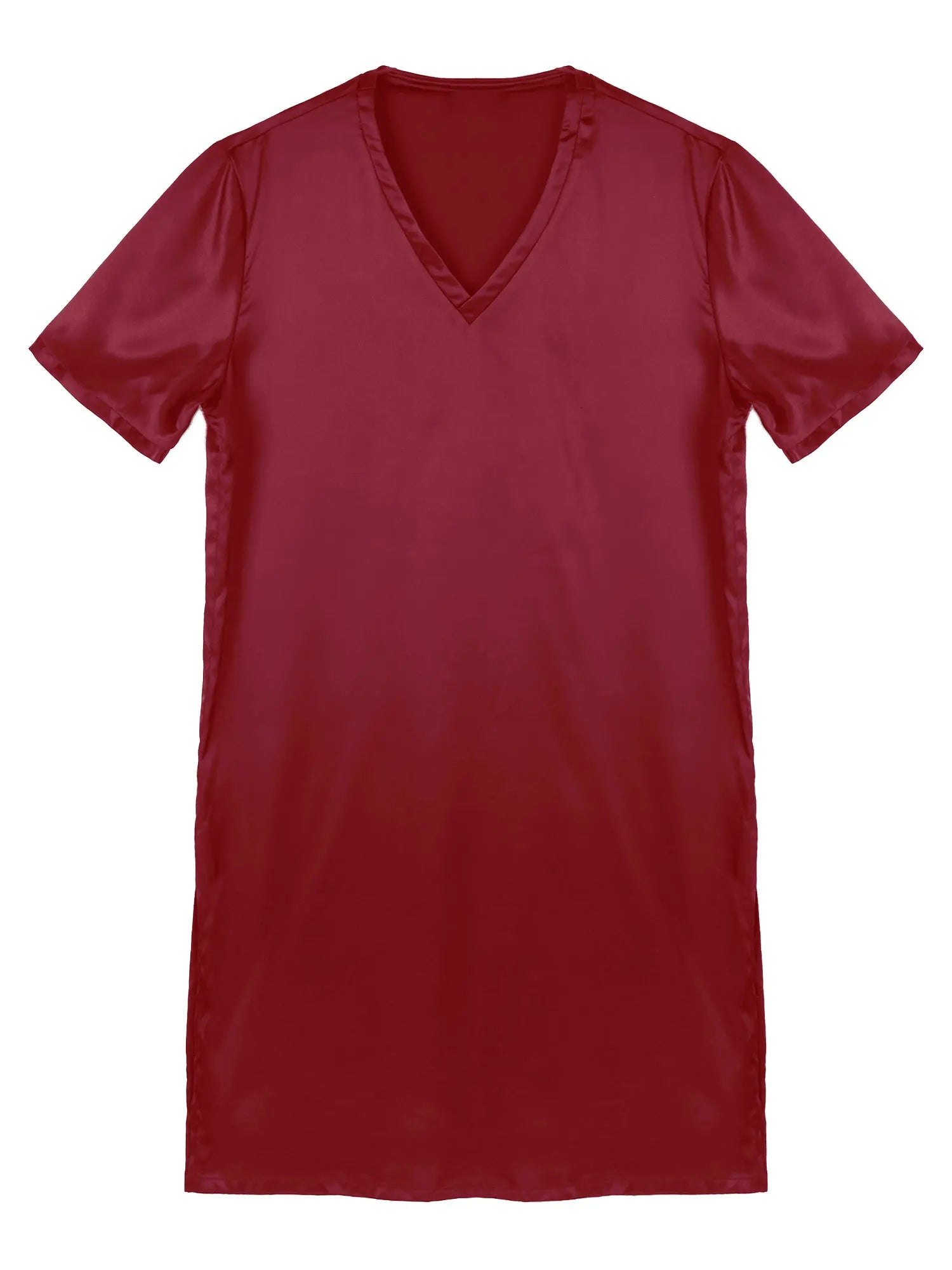 Mens Satin Sleepwear Tops Night Shirt Nightgown Pajamas Dress Short Sleeve Underwear Homewear Sides Split Sleep Tops Nightwear