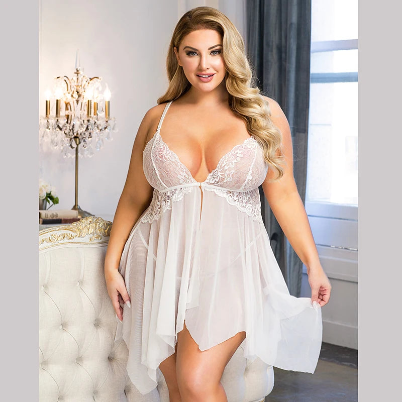 Comeondear Plus Size Sleepwear Women's Night Dress Front Closure Chemise De Nuit Femme Sleep Tops Mesh Lace Pijamas Women Sexy