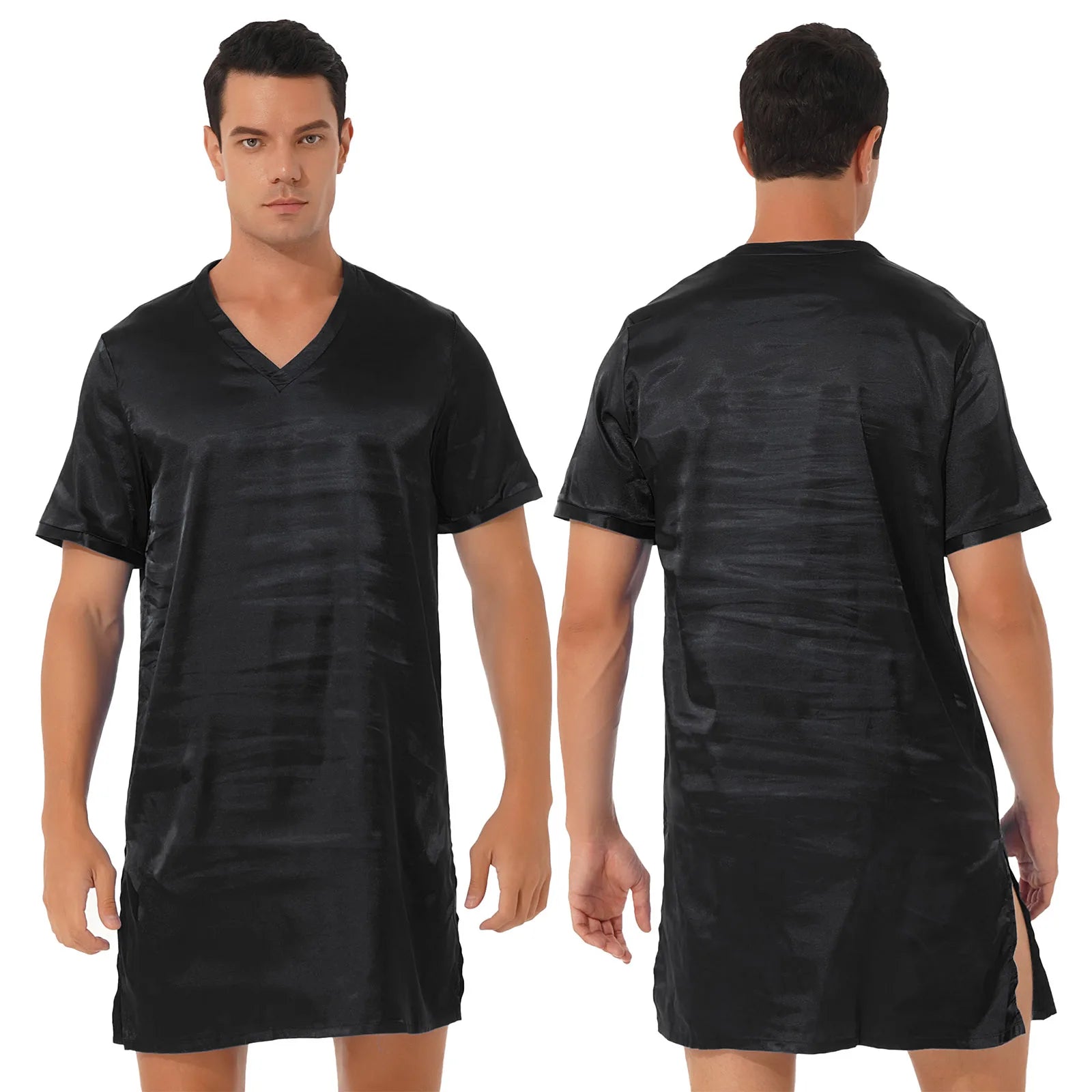 Mens Satin Sleepwear Tops Night Shirt Nightgown Pajamas Dress Short Sleeve Underwear Homewear Sides Split Sleep Tops Nightwear