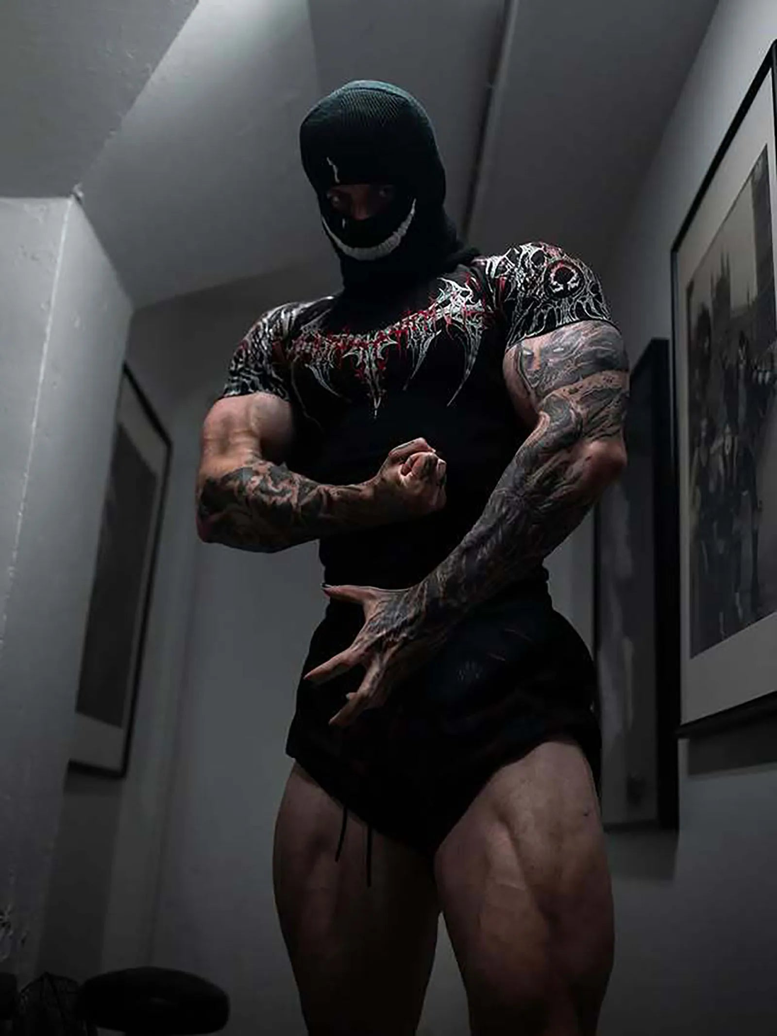 GYM T-shirt Men's Dark Gothic Print Muscle Tee  High Elasticity And Quick Drying Exercise For Bodybuilding Training 2025 Summer