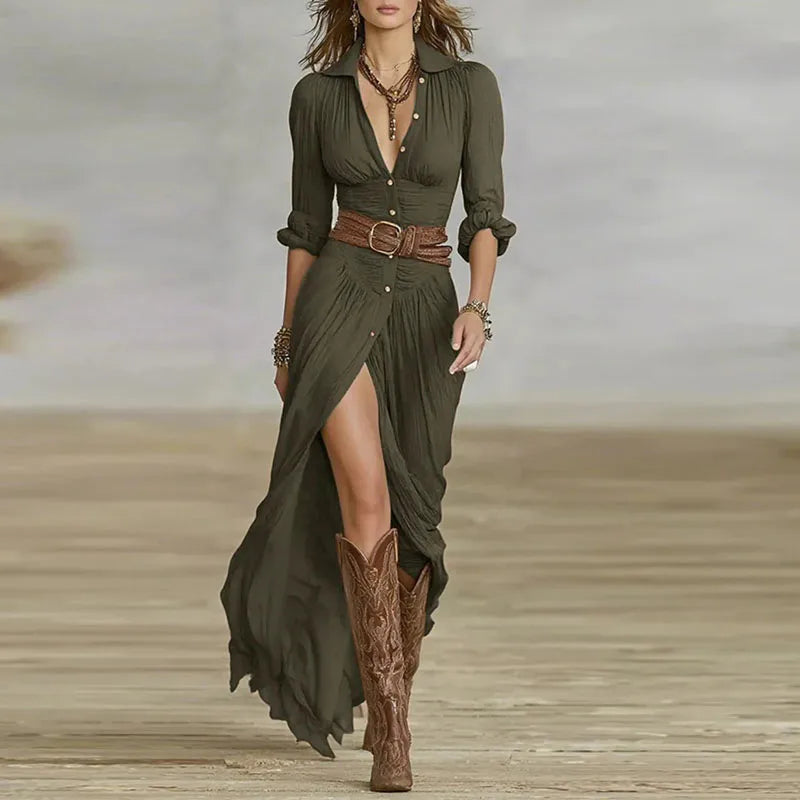 Woman Dresses 2025 New French Retro V Neck Belted Slim Pleated Long Dress Autumn Single Breasted Long Sleeve Slit Bohemian Dress