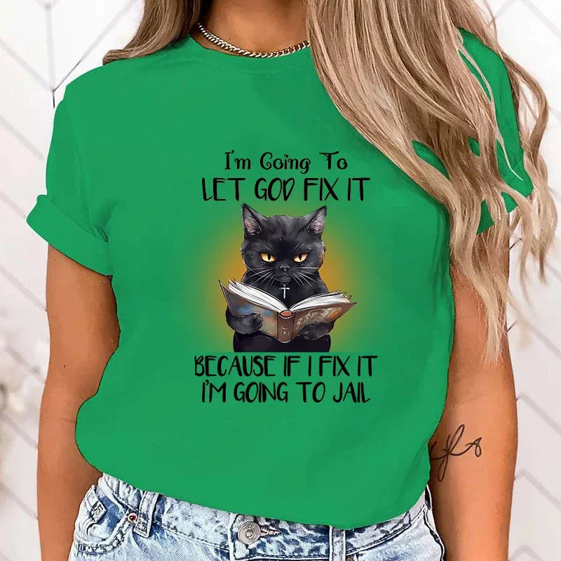 Aurora Wear Women's T Shirts Cat God Fix It