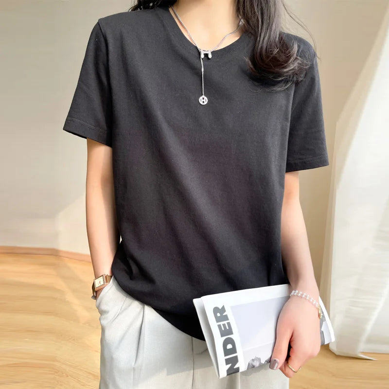 Women T-shirts 2025 Tops Solid Short Sleeve Loose O-neck  Cotton Casual Ladies Shirts Harajuku Korean Summer Woman Tshirts