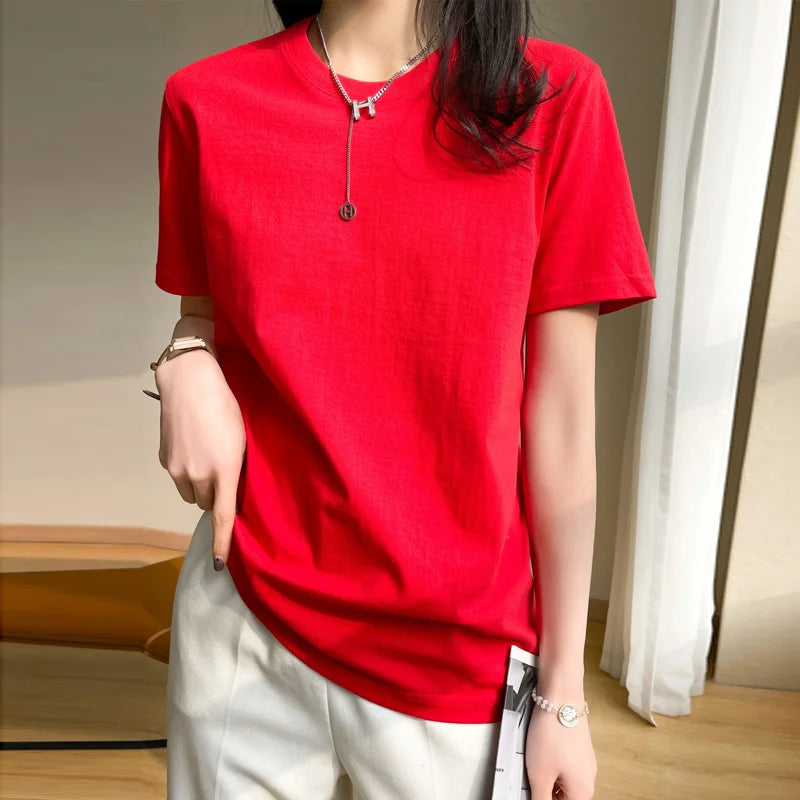 Women T-shirts 2025 Tops Solid Short Sleeve Loose O-neck  Cotton Casual Ladies Shirts Harajuku Korean Summer Woman Tshirts
