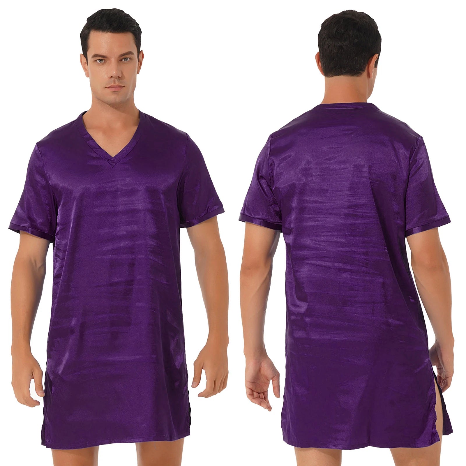 Mens Satin Sleepwear Tops Night Shirt Nightgown Pajamas Dress Short Sleeve Underwear Homewear Sides Split Sleep Tops Nightwear