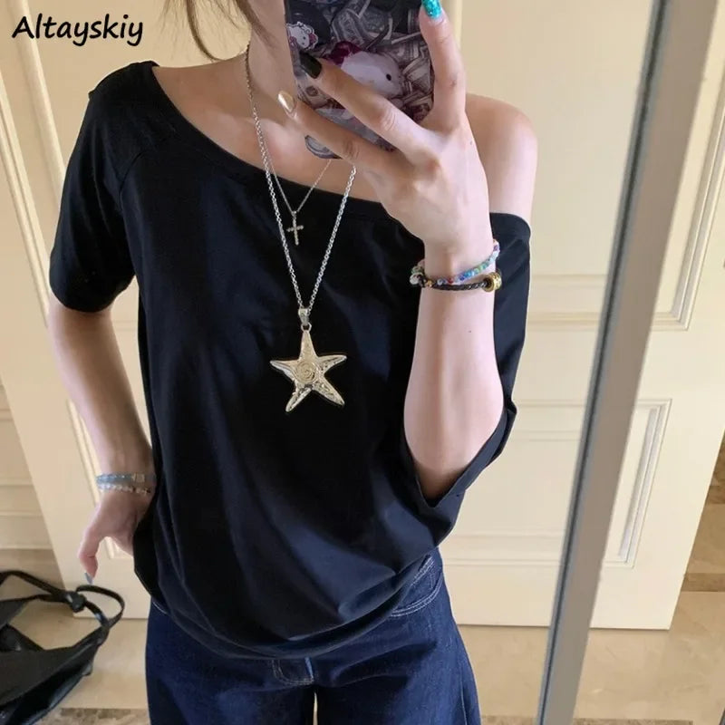 T-shirts Women Solid Simple Summer Casual Cleanfit Short Sleeve All-match Young Girls Streetwear Y2k Top Aesthetic Clothes Ins