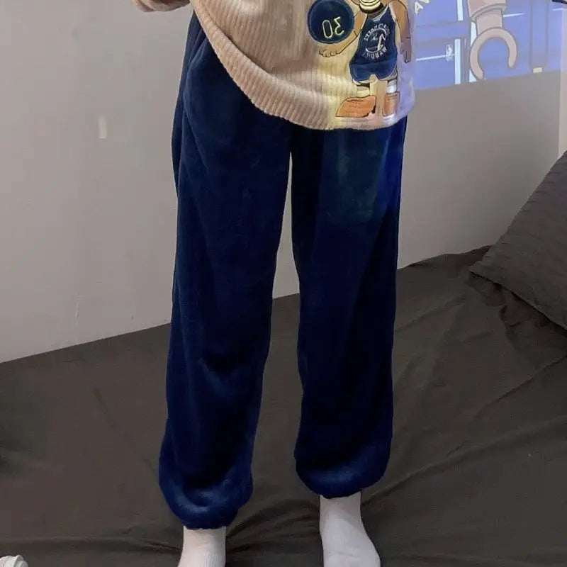 Winter Sleep Bottoms Women Coral Fleece Warm Thick Elastic Waist Trousers Casual Soft hermal Sleepwear Female Bottoms Trousers