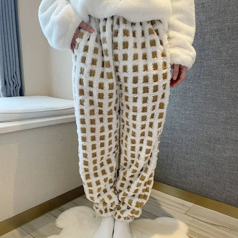 Winter Sleep Bottoms Women Coral Fleece Warm Thick Elastic Waist Trousers Casual Soft hermal Sleepwear Female Bottoms Trousers
