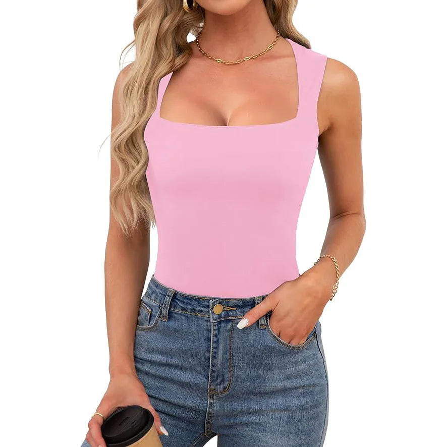 Sexy Slimming T-Shirts for Women Fashion Square Neck Sleeveless Tops Harajuku Tanks Woman Clothes Casual Top Tees Streetwear