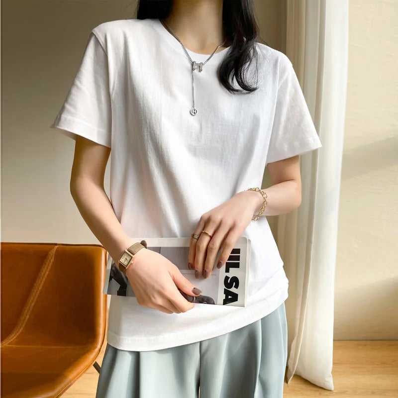 Women T-shirts 2025 Tops Solid Short Sleeve Loose O-neck  Cotton Casual Ladies Shirts Harajuku Korean Summer Woman Tshirts