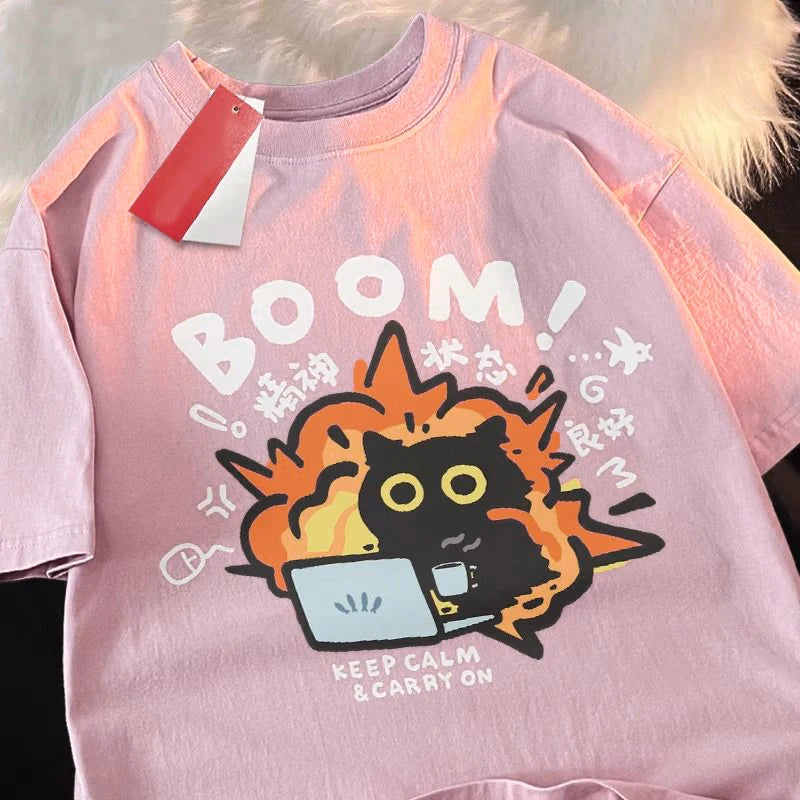 T shirts Good Mental State Pure Cotton Short Sleeved t-shirt For Men Women Summer Tee Clothes Loose Casual Cartoon Oversized Top