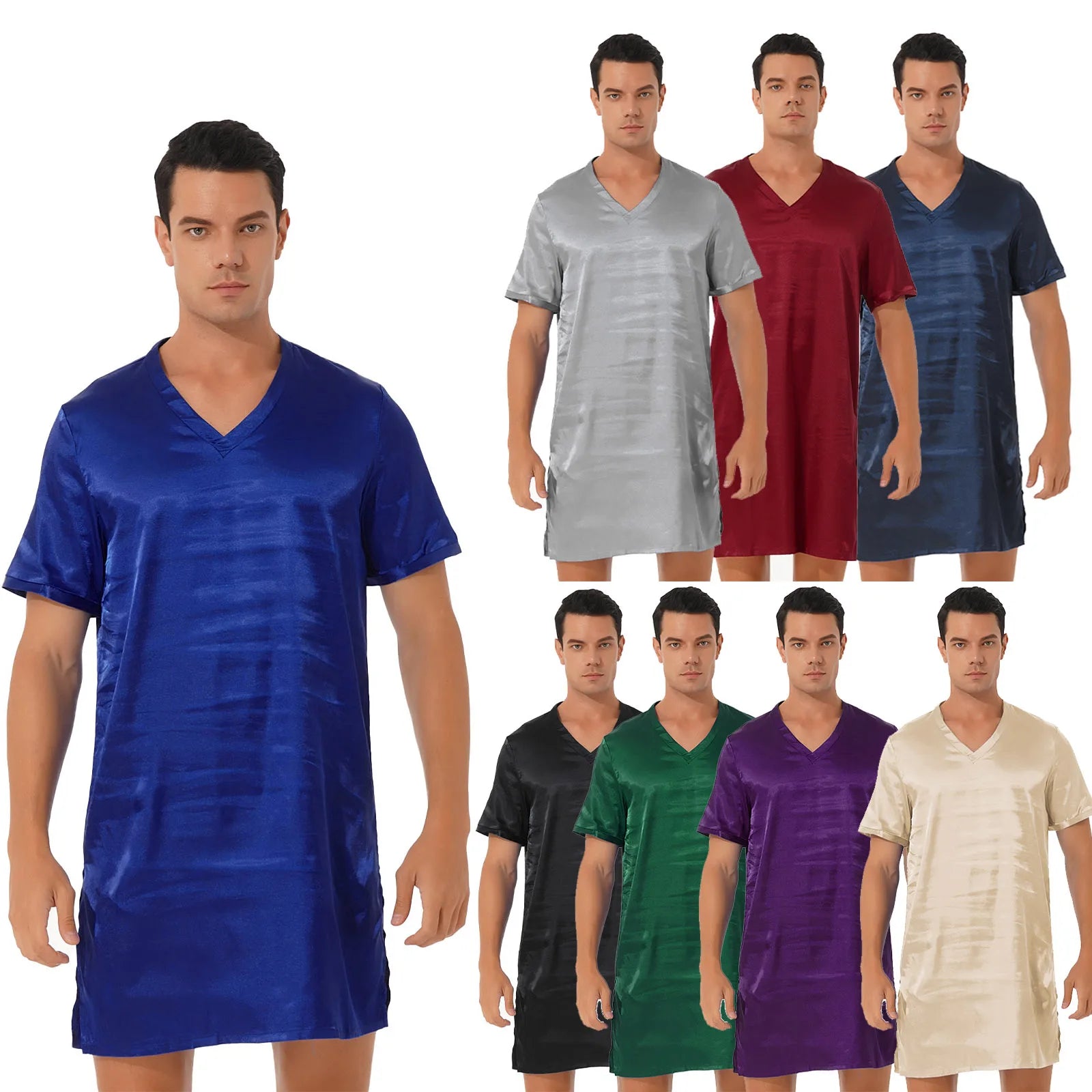 Mens Satin Sleepwear Tops Night Shirt Nightgown Pajamas Dress Short Sleeve Underwear Homewear Sides Split Sleep Tops Nightwear
