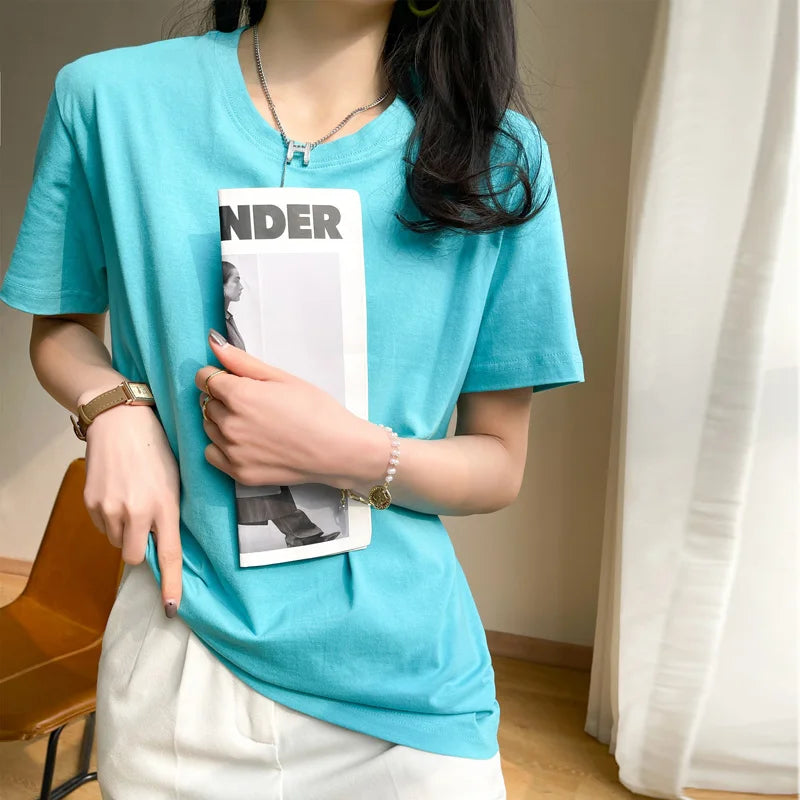 Women T-shirts 2025 Tops Solid Short Sleeve Loose O-neck  Cotton Casual Ladies Shirts Harajuku Korean Summer Woman Tshirts
