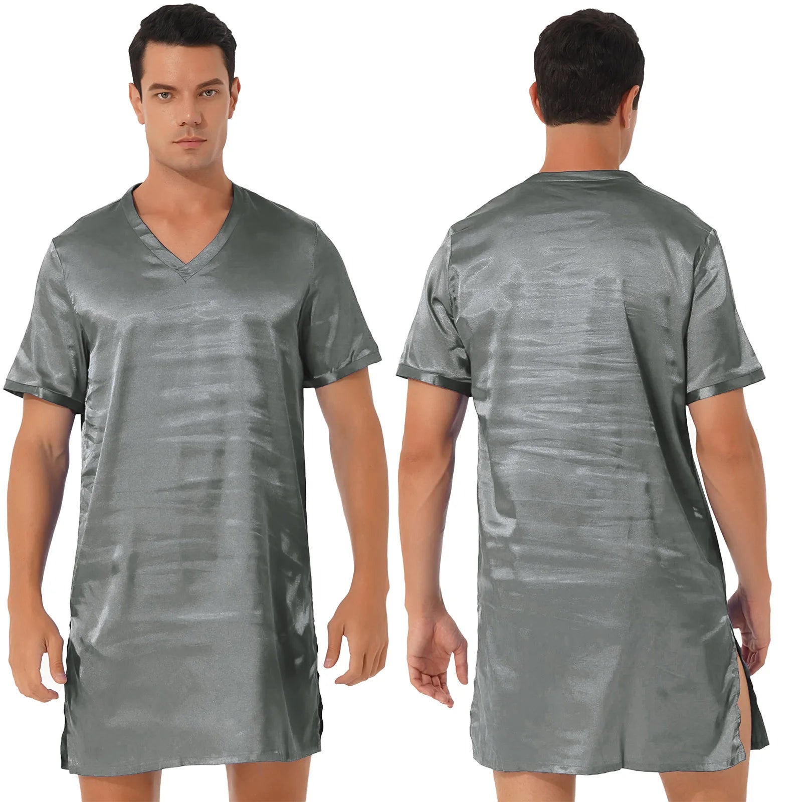 Mens Satin Sleepwear Tops Night Shirt Nightgown Pajamas Dress Short Sleeve Underwear Homewear Sides Split Sleep Tops Nightwear