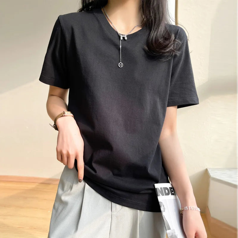 Women T-shirts 2025 Tops Solid Short Sleeve Loose O-neck  Cotton Casual Ladies Shirts Harajuku Korean Summer Woman Tshirts