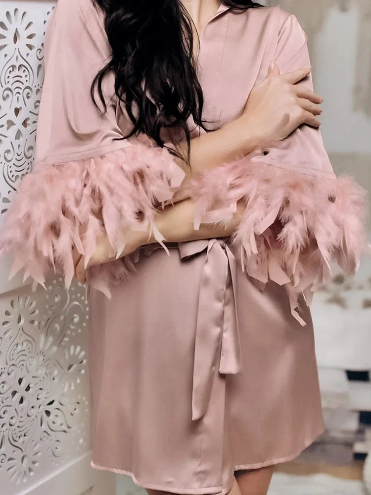 White Feather Robe With Fur Full Sleeves Sleepwear Satin Robes For Women Nightgown Bride Robe Gown Dress Bathrobe Female