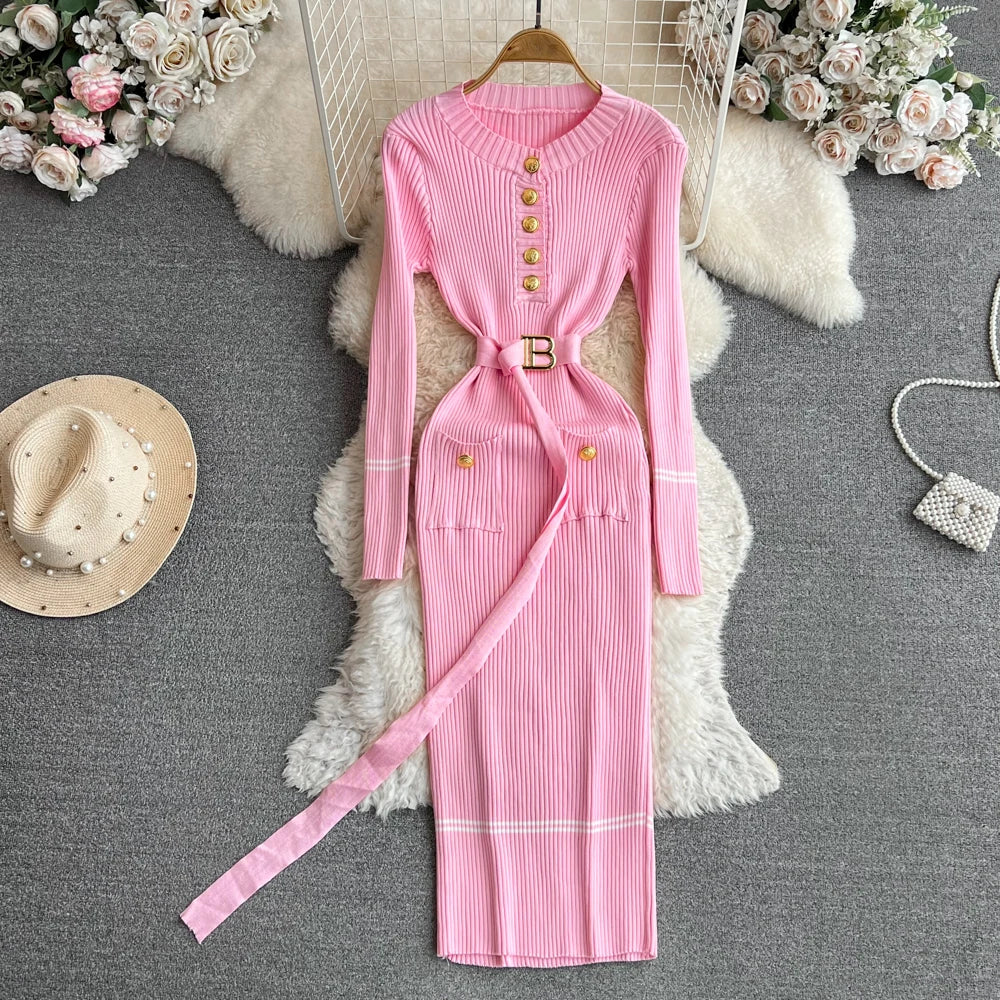 Aurora Wear Women Dress Elegant Rib Knit Bodycon